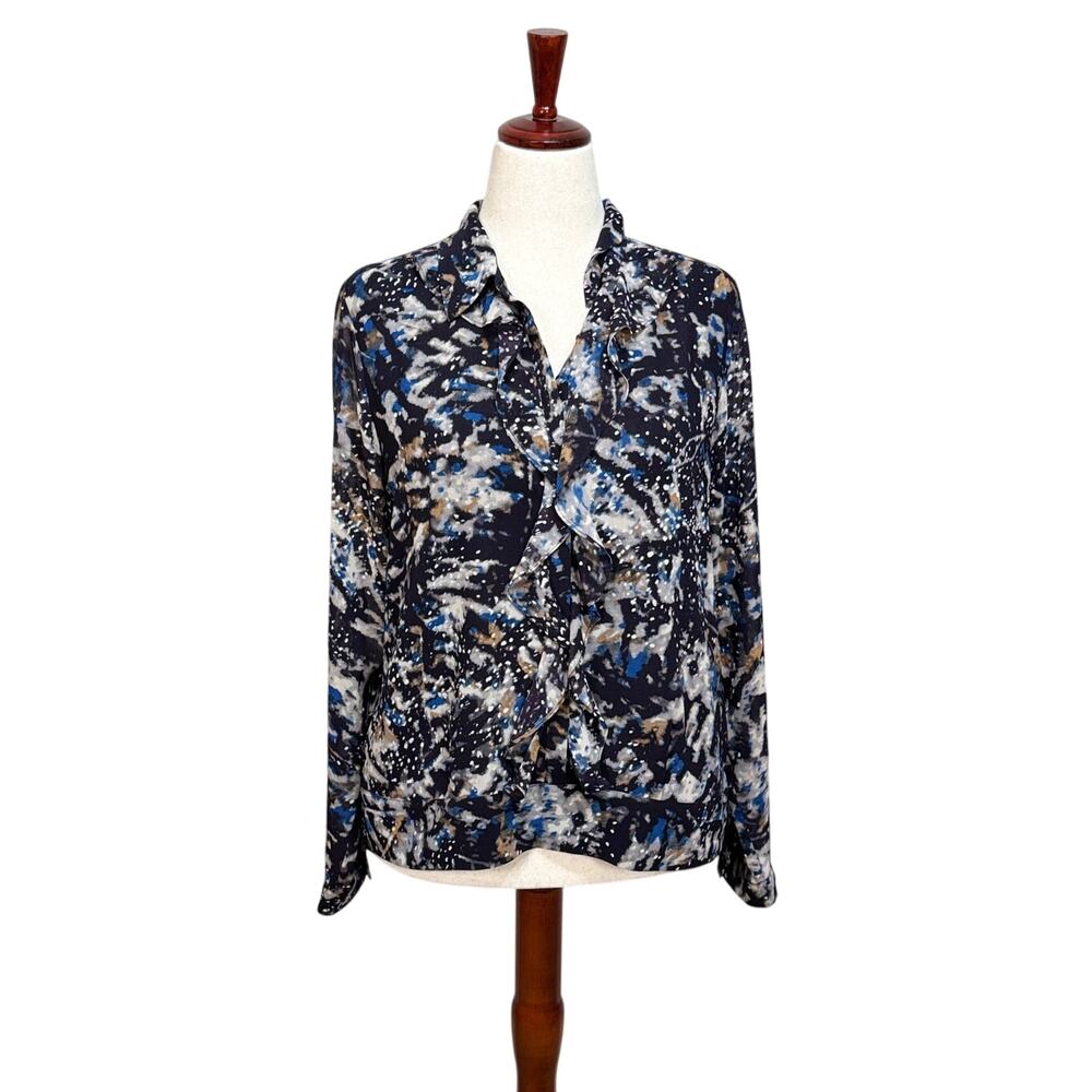 CAbi Starry Night pullover blouse blue ruffle front popover v neck collar Sz M